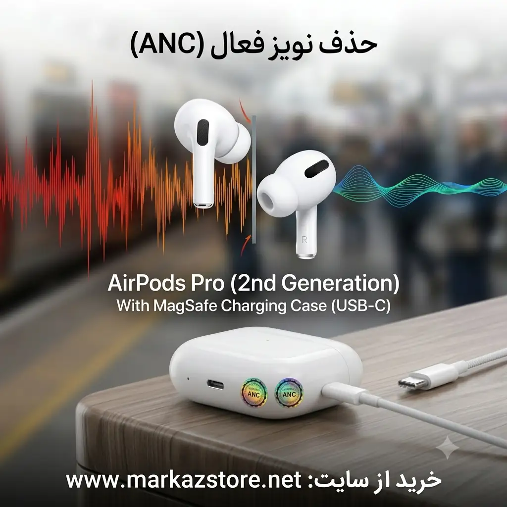 جعبه و محتویات ایرپاد پرو ۲ اپل شامل هندزفری، کیس USB-C و سری‌های سیلیکونی
