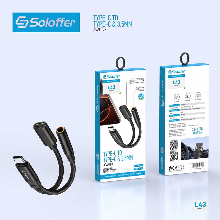 تبدیل ۲ به ۱ تایپ‌سی به جک ۳.۵ و Type-C مدل Soloffer L43