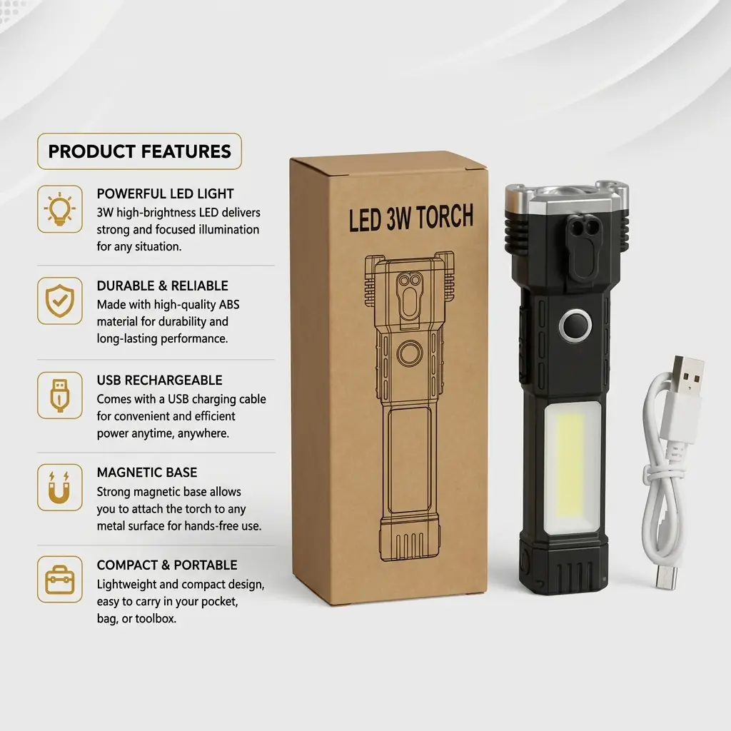 چراغ قوه شارژی ۳ وات مدل LED 3W Torch